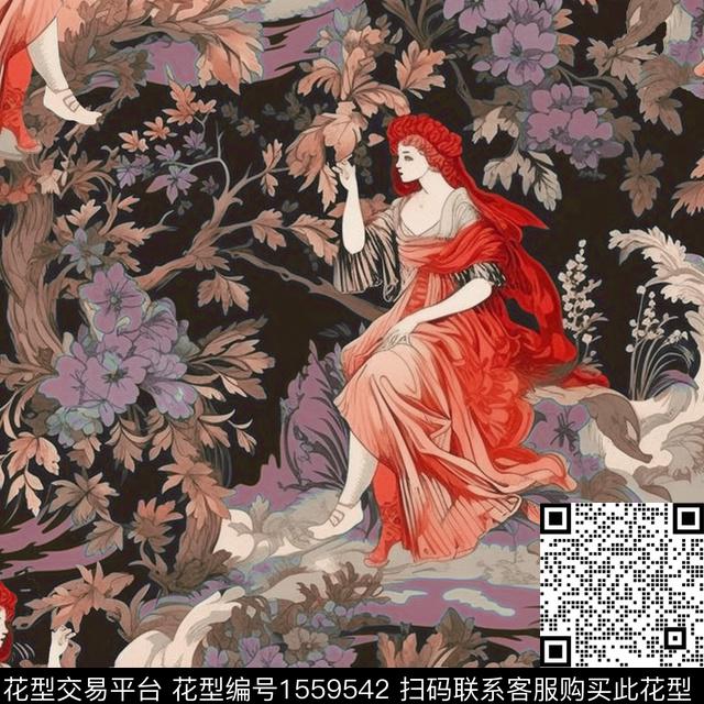 欧美人物植物数码印花华亿平台下载（图片编号: 1559542） - 瓦栏（Walan）