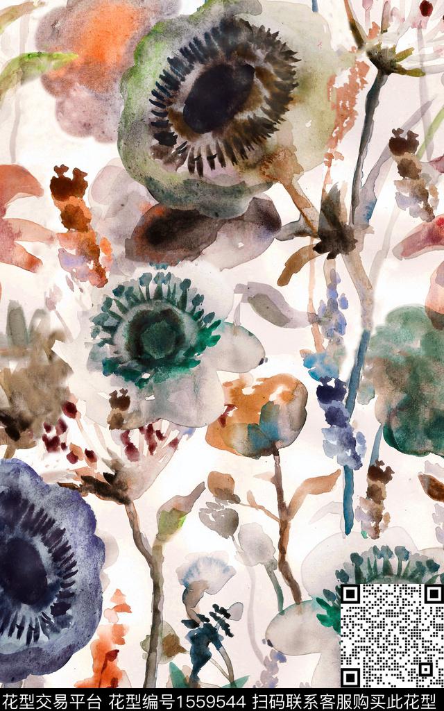 水彩花卉植物数码印花华亿平台下载（图片编号: 1559544） - 瓦栏（Walan）