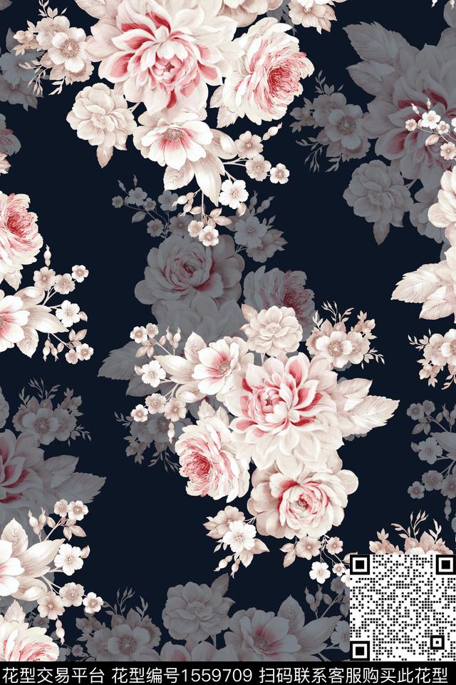 大花黑底花卉花卉数码印花华亿平台下载（图片编号: 1559709） - 瓦栏（Walan）