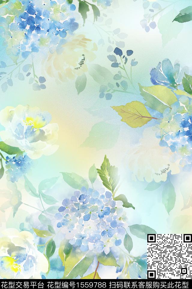 大花水彩花卉数码印花华亿平台下载（图片编号: 1559788） - 瓦栏（Walan）