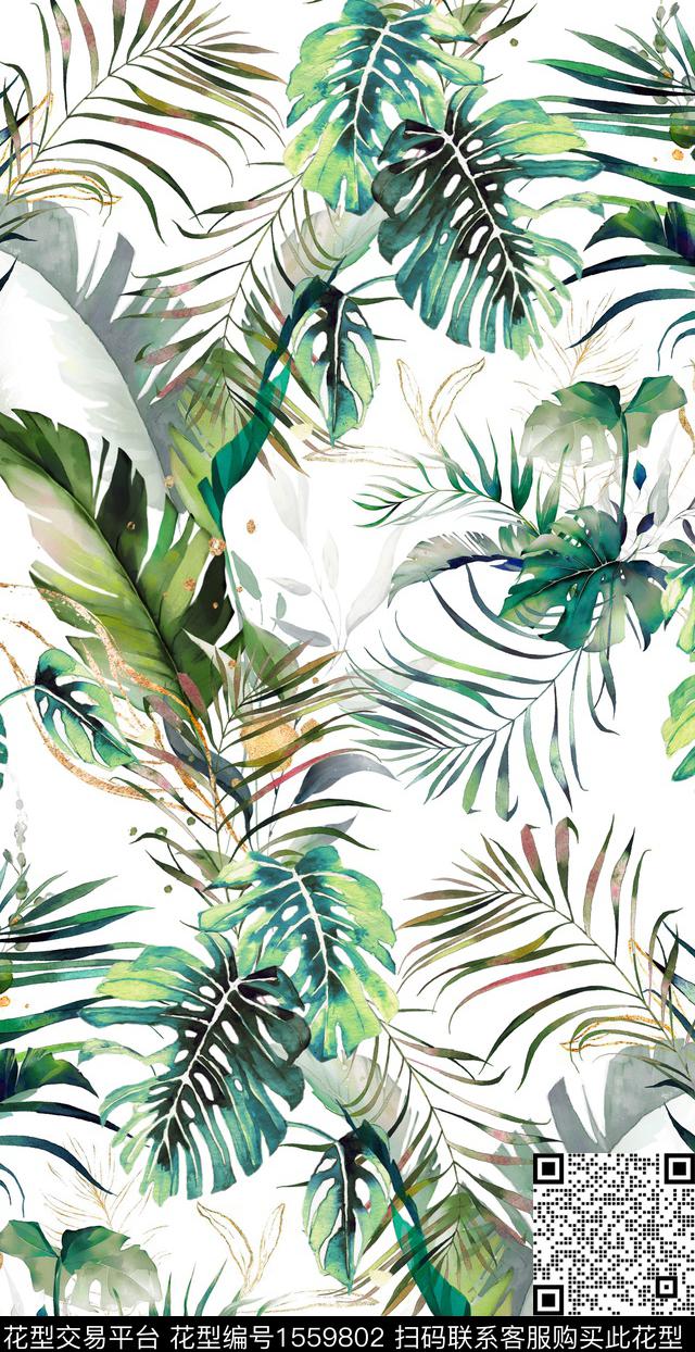 时尚热带华亿平台绿色植物.水彩数码印花华亿平台下载（图片编号: 1559802） - 瓦栏（Walan）