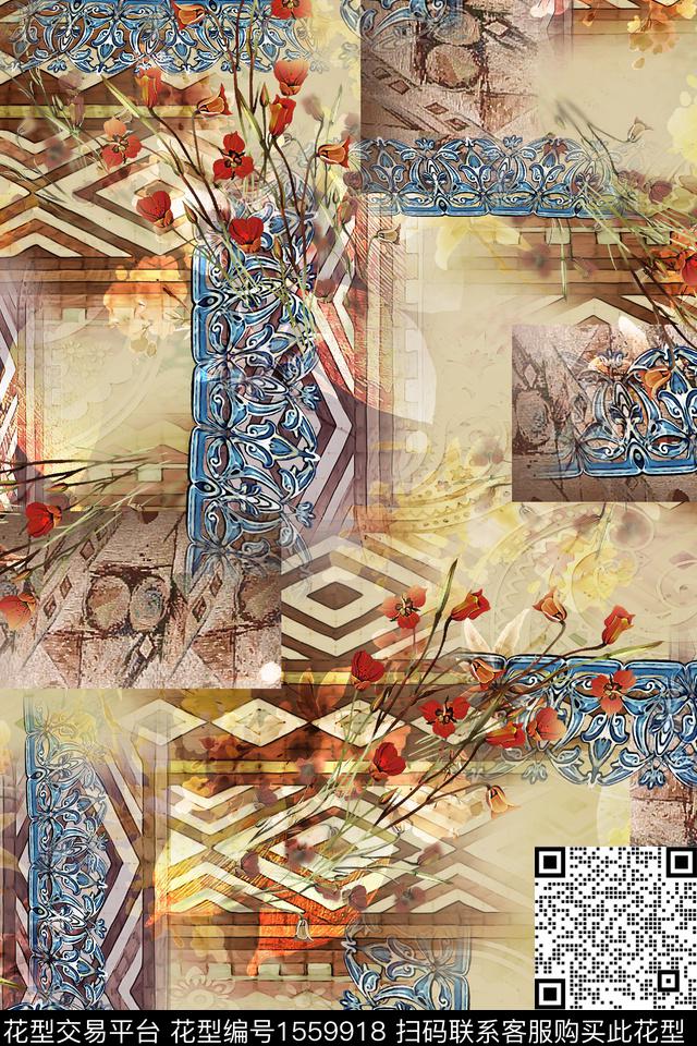 底纹民族风花卉数码印花华亿平台下载（图片编号: 1559918） - 瓦栏（Walan）