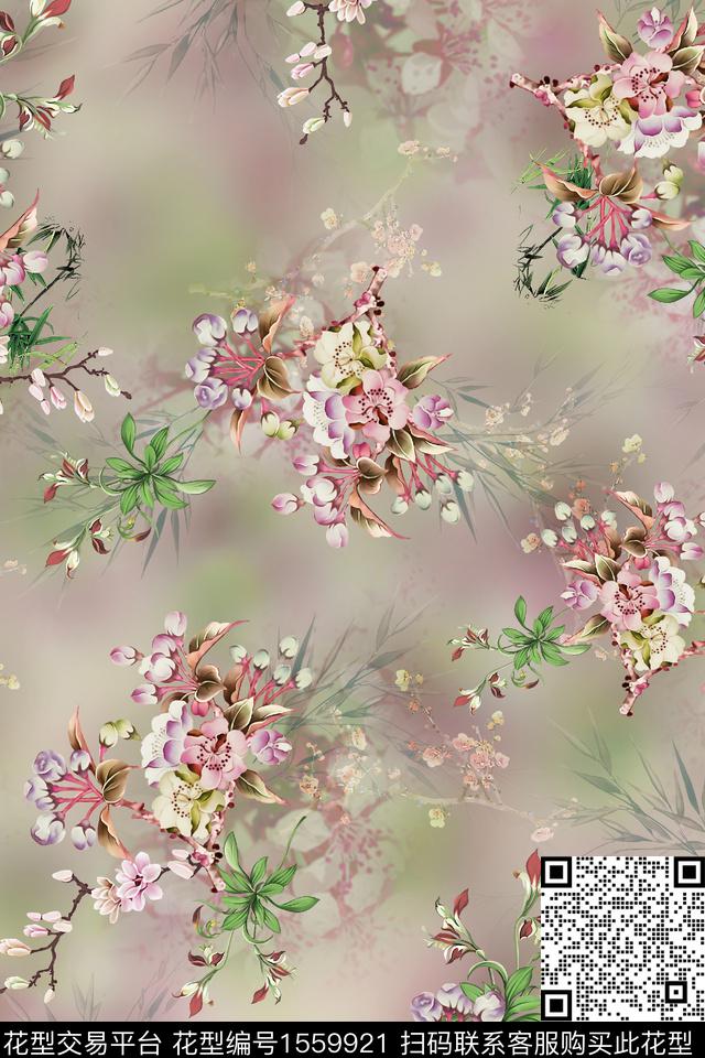 底纹影花花卉数码印花华亿平台下载（图片编号: 1559921） - 瓦栏（Walan）