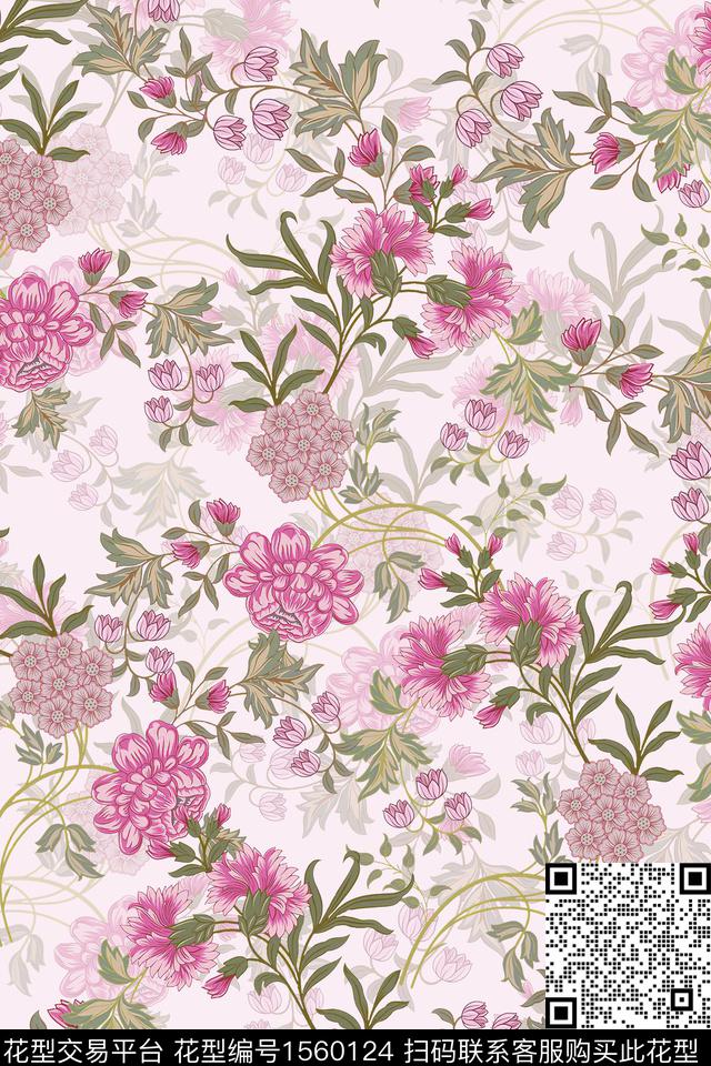 花卉满版散花影花数码印花华亿平台下载（图片编号: 1560124） - 瓦栏（Walan）