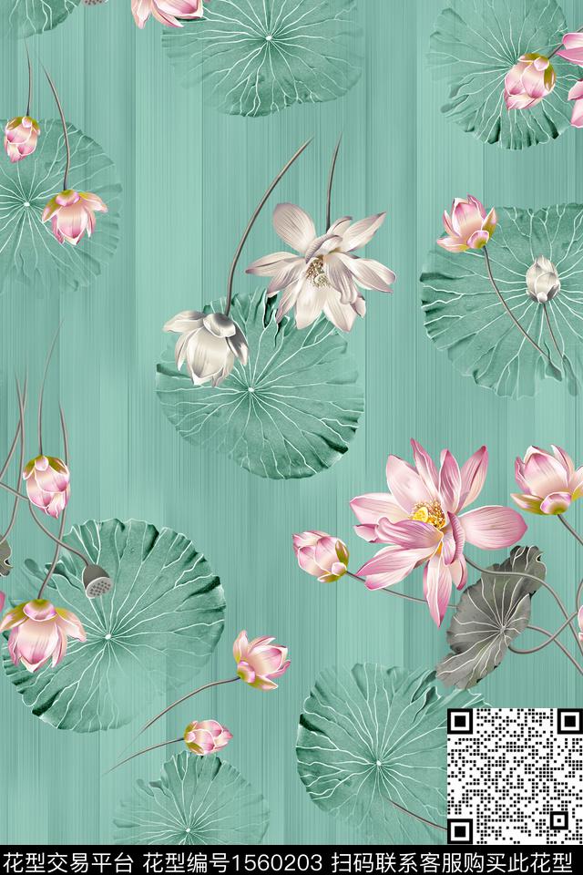 荷花莲叶花卉数码印花华亿平台下载（图片编号: 1560203） - 瓦栏（Walan）