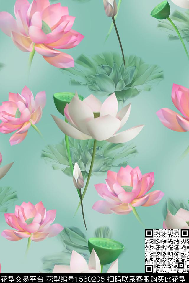 荷花莲叶花卉数码印花华亿平台下载（图片编号: 1560205） - 瓦栏（Walan）