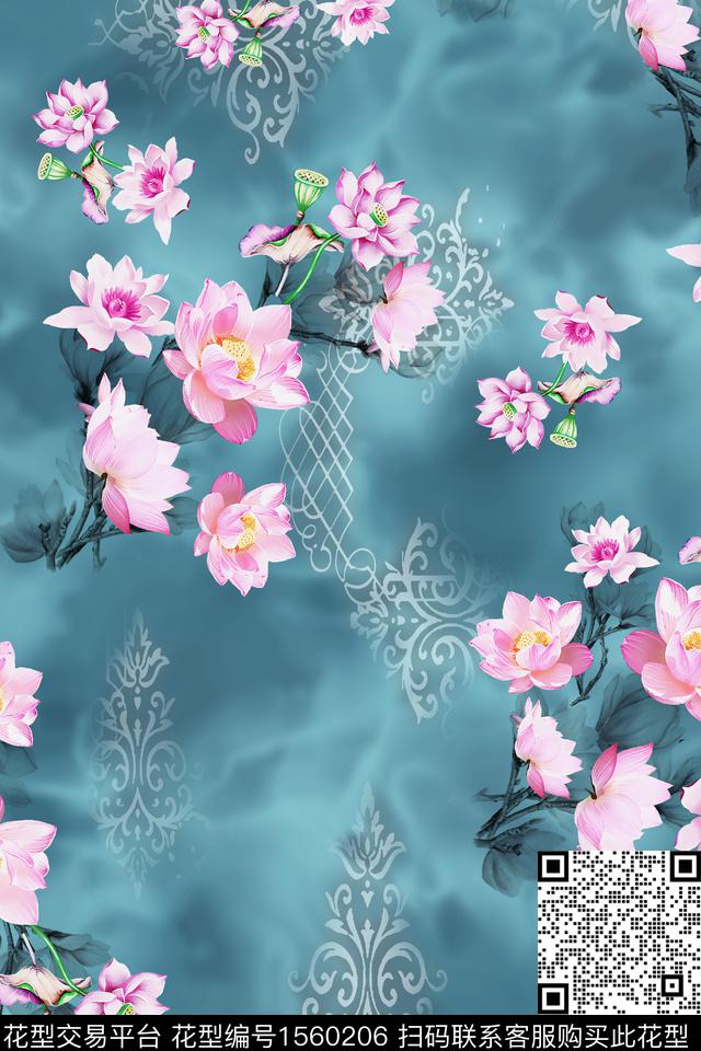 荷花民族纹样花卉数码印花华亿平台下载（图片编号: 1560206） - 瓦栏（Walan）