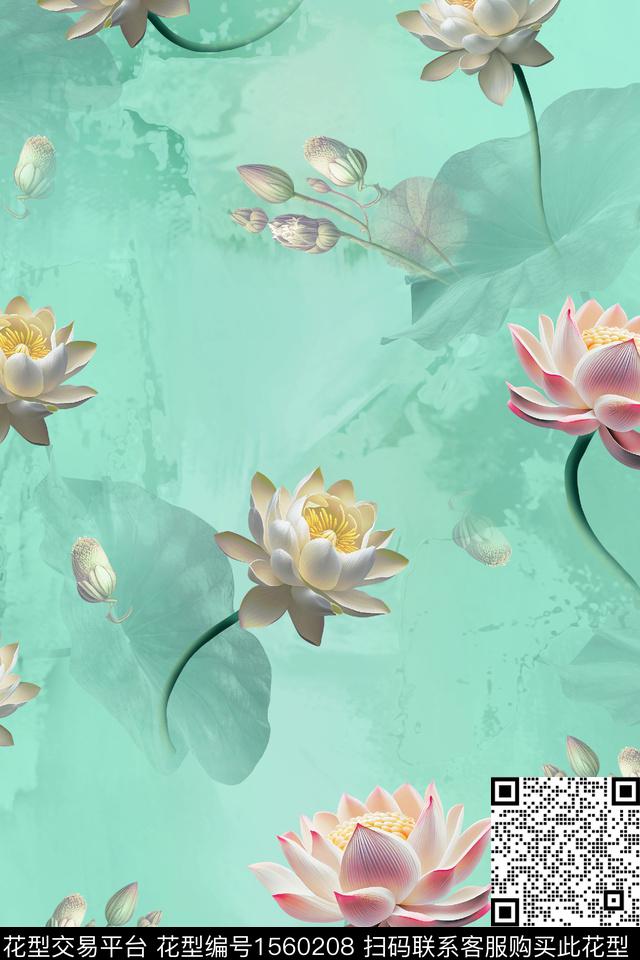 荷花莲叶花卉数码印花华亿平台下载（图片编号: 1560208） - 瓦栏（Walan）