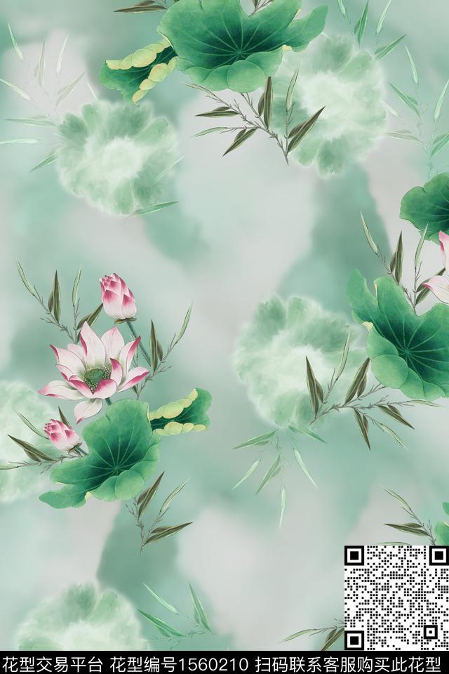 荷花莲叶花卉数码印花华亿平台下载（图片编号: 1560210） - 瓦栏（Walan）