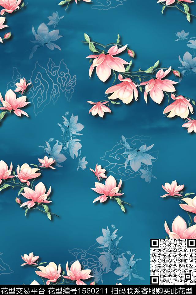 玉兰花祥云中国风数码印花华亿平台下载（图片编号: 1560211） - 瓦栏（Walan）