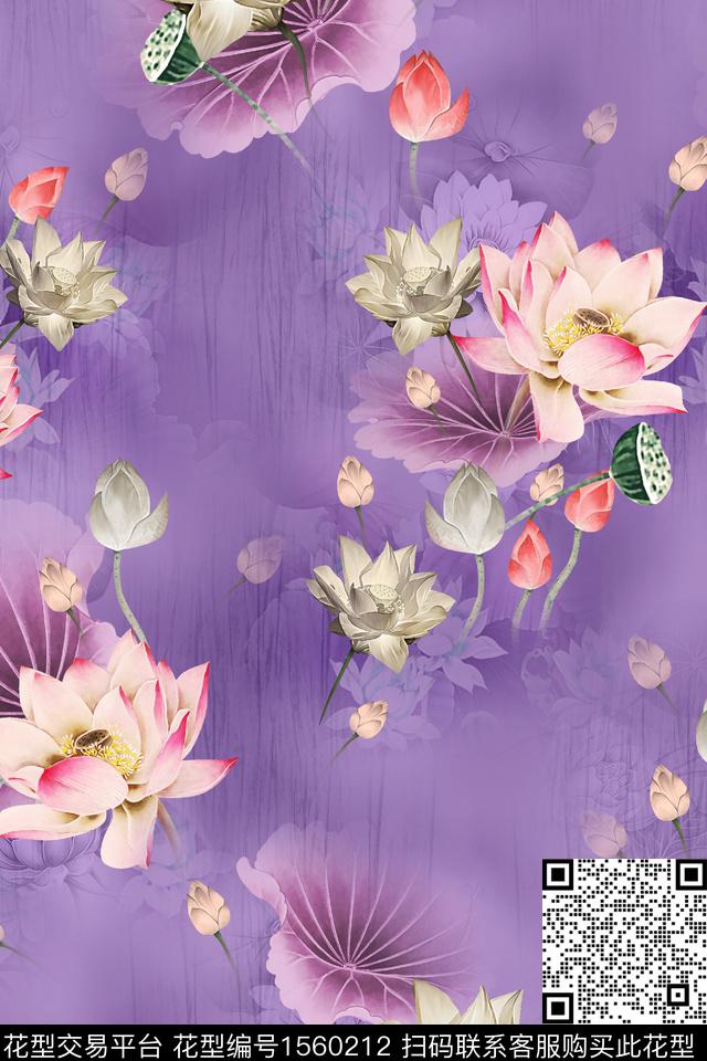 荷花莲叶花卉数码印花华亿平台下载（图片编号: 1560212） - 瓦栏（Walan）