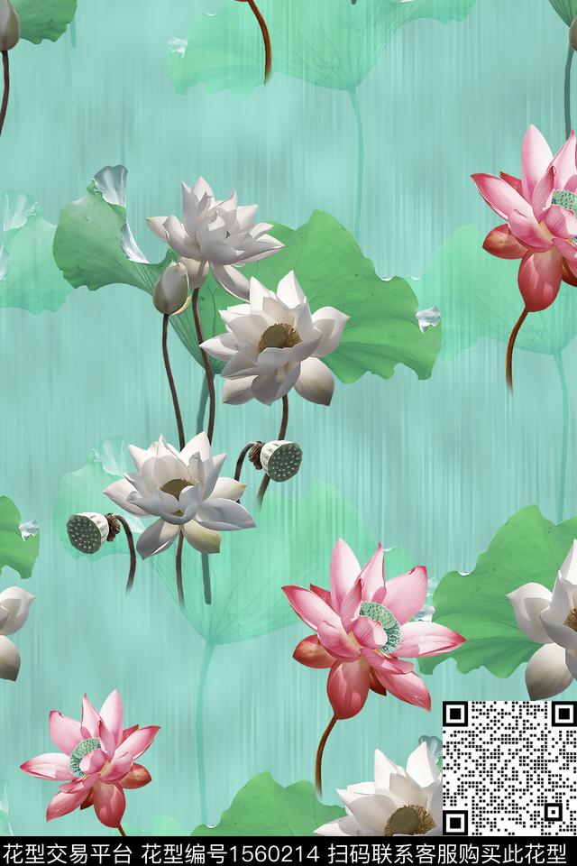 荷花莲叶花卉数码印花华亿平台下载（图片编号: 1560214） - 瓦栏（Walan）