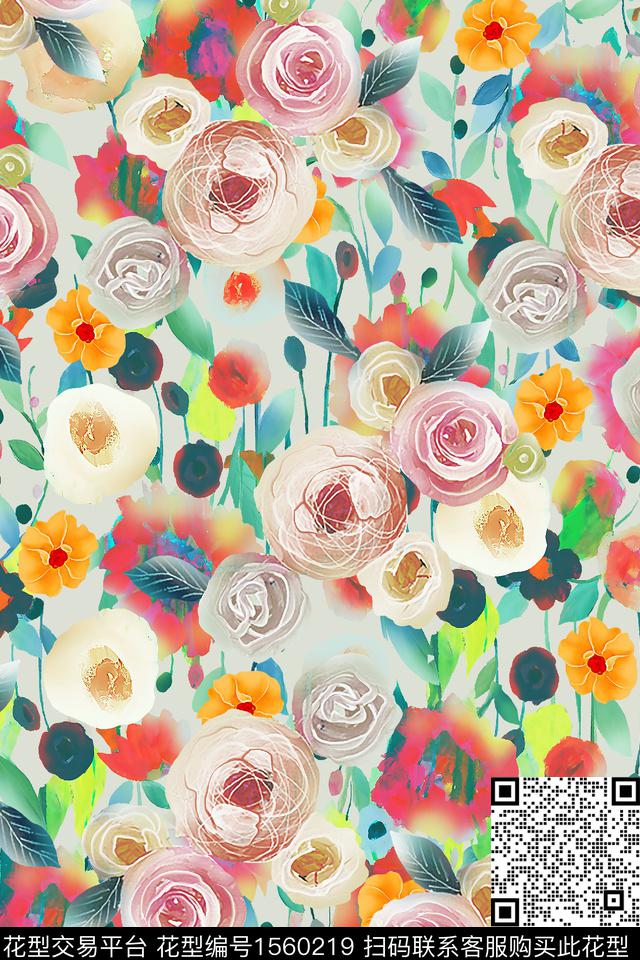 水彩花卉满版散花数码印花华亿平台下载（图片编号: 1560219） - 瓦栏（Walan）