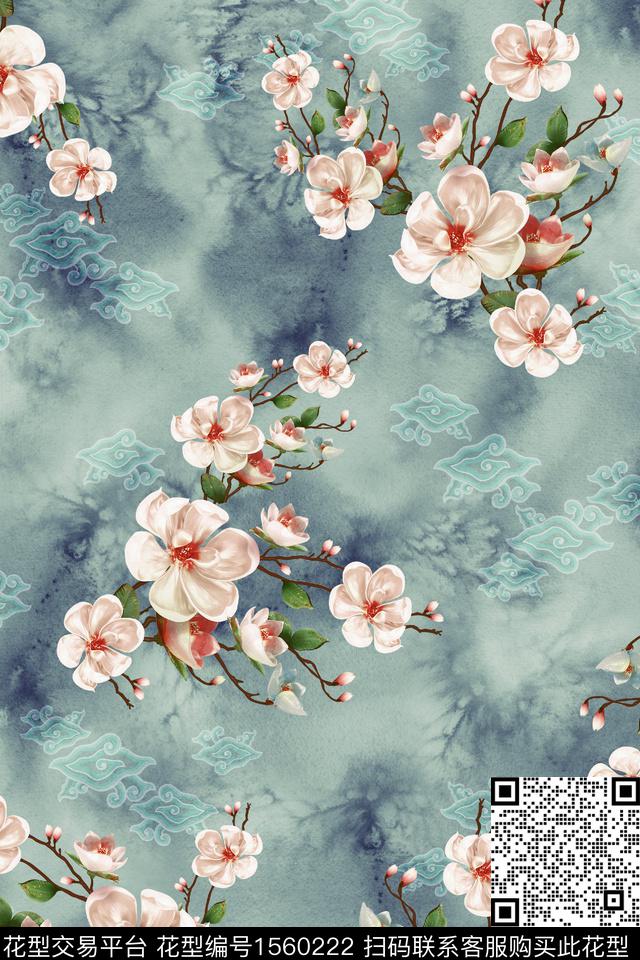 花卉祥云中国风数码印花华亿平台下载（图片编号: 1560222） - 瓦栏（Walan）