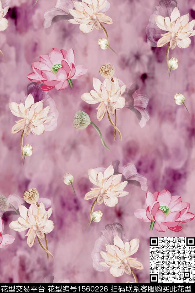 底纹花卉荷花数码印花华亿平台下载（图片编号: 1560226） - 瓦栏（Walan）