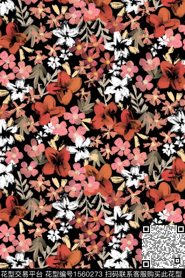 黑底花卉小碎花水彩数码印花华亿平台下载（图片编号: 1560273） - 瓦栏（Walan）