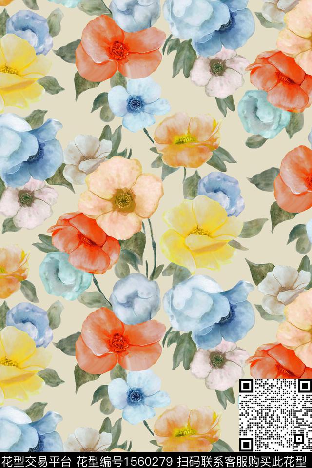 水彩花卉满版散花数码印花华亿平台下载（图片编号: 1560279） - 瓦栏（Walan）