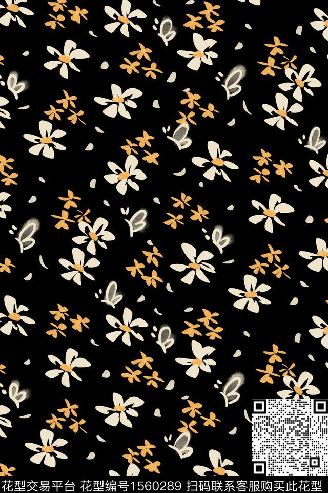 黑底花卉花卉小碎花数码印花华亿平台下载（图片编号: 1560289） - 瓦栏（Walan）