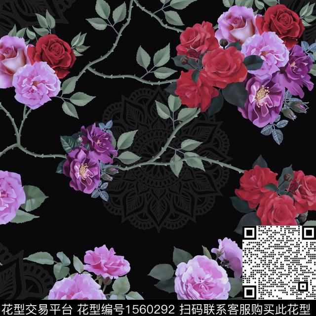 黑底花卉绿植树叶花卉数码印花华亿平台下载（图片编号: 1560292） - 瓦栏（Walan）