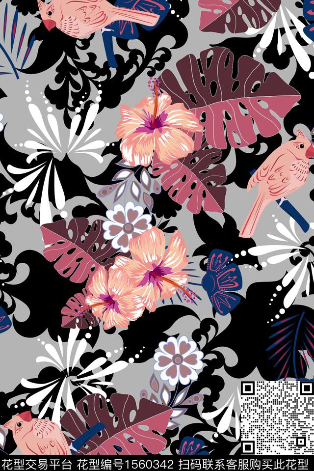 花卉鸟热带数码印花华亿平台下载（图片编号: 1560342） - 瓦栏（Walan）