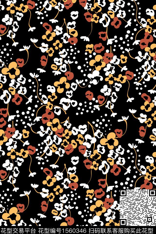 黑底花卉小碎花淑女数码印花华亿平台下载（图片编号: 1560346） - 瓦栏（Walan）