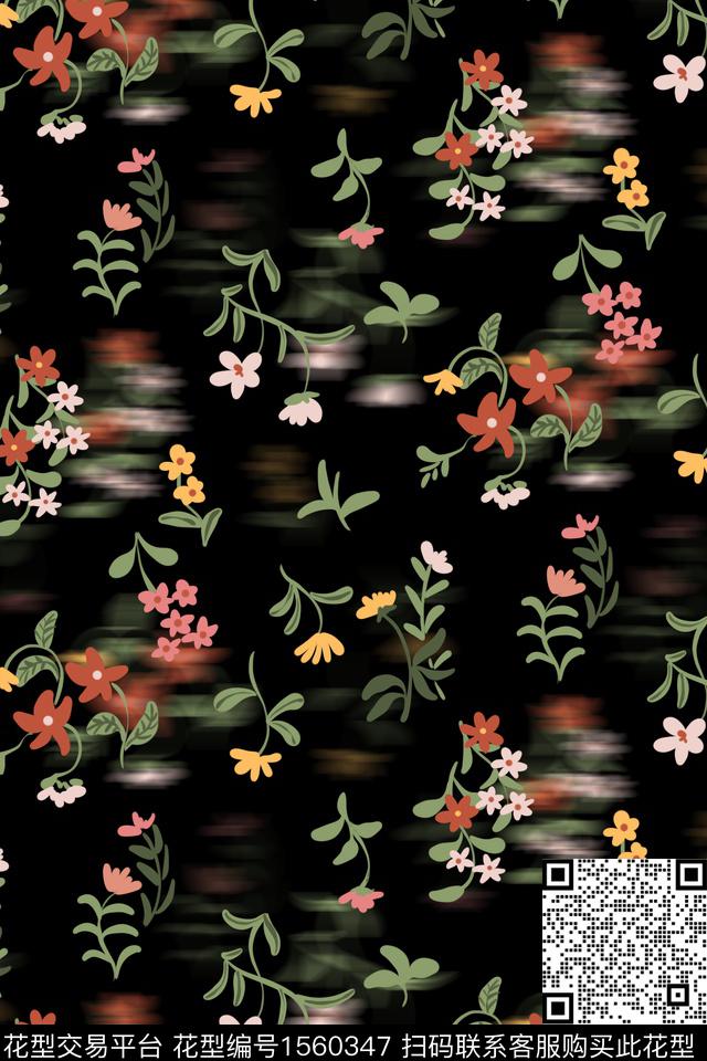 黑底花卉小碎花朦胧花卉数码印花华亿平台下载（图片编号: 1560347） - 瓦栏（Walan）