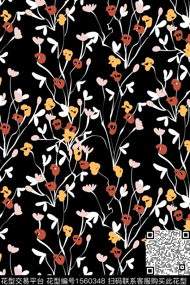 黑底花卉小碎花淑女数码印花华亿平台下载（图片编号: 1560348） - 瓦栏（Walan）