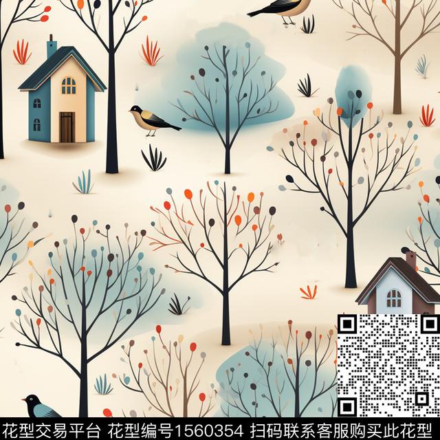 建筑树木房屋数码印花华亿平台下载（图片编号: 1560354） - 瓦栏（Walan）