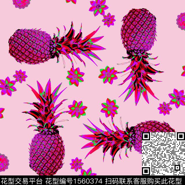 菠萝混合拼接线条数码印花华亿平台下载（图片编号: 1560374） - 瓦栏（Walan）