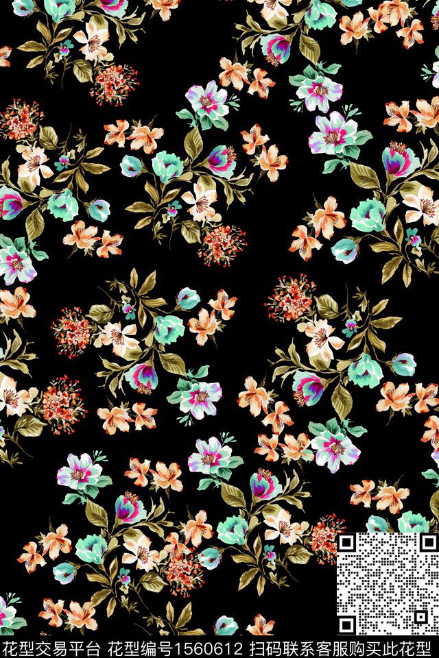 花卉黑底花卉水彩数码印花华亿平台下载（图片编号: 1560612） - 瓦栏（Walan）