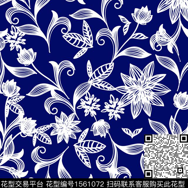 线条画女装绿植树叶数码印花华亿平台下载（图片编号: 1561072） - 瓦栏（Walan）