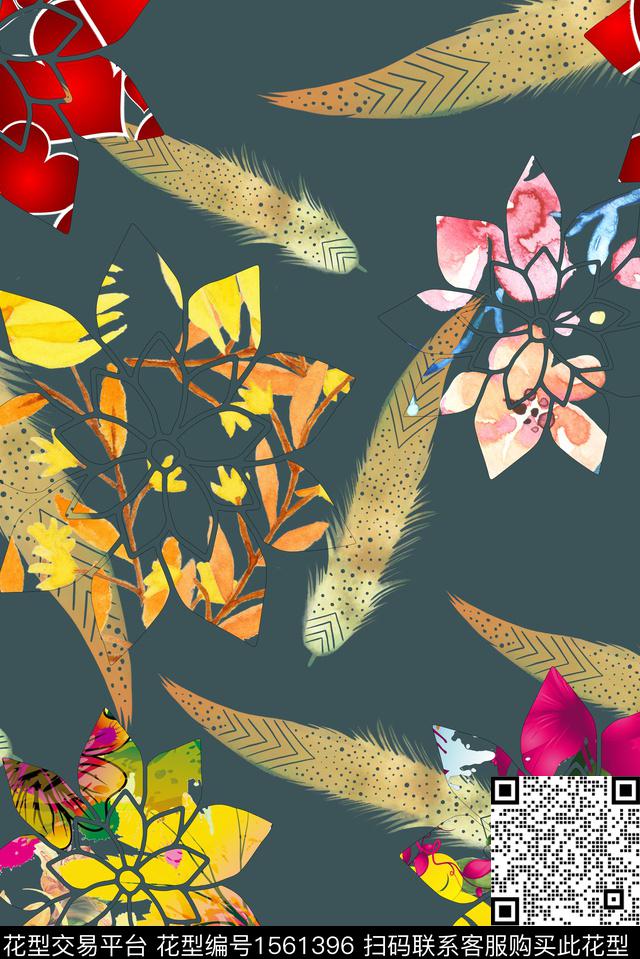 花卉羽毛水彩数码印花华亿平台下载（图片编号: 1561396） - 瓦栏（Walan）