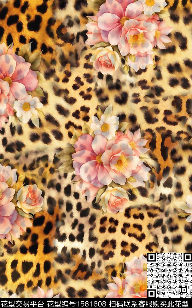 豹纹花卉动物纹数码印花华亿平台下载（图片编号: 1561608） - 瓦栏（Walan）