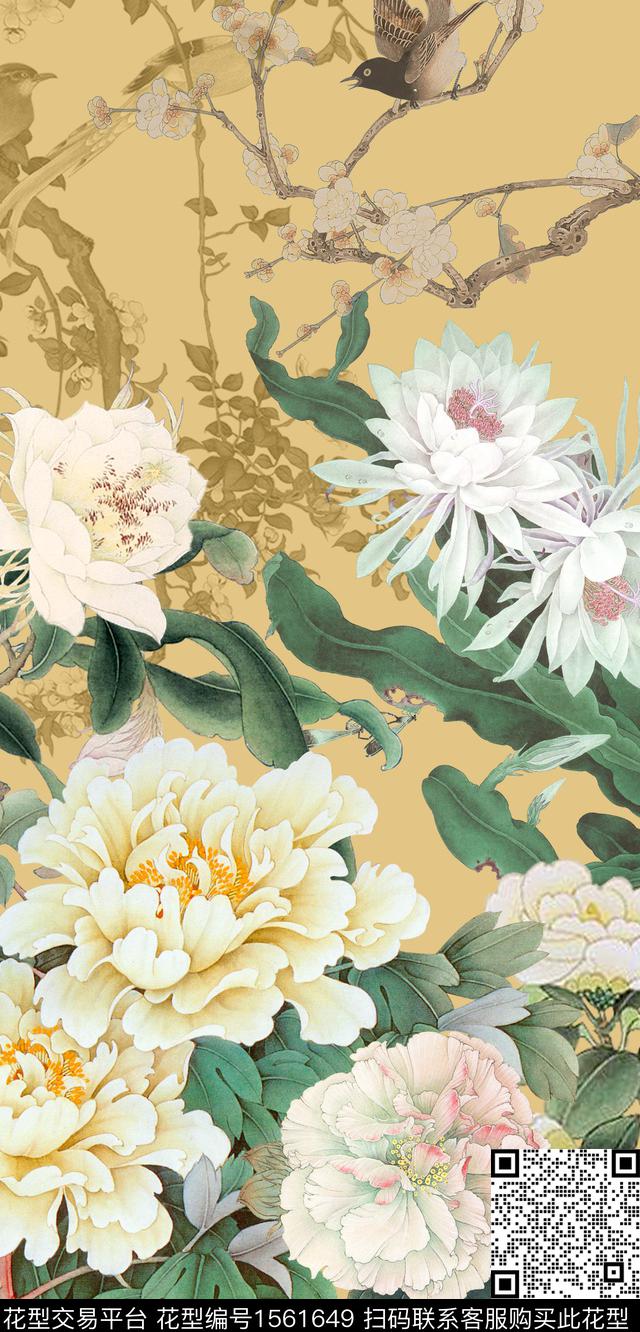 花鸟水墨风花卉数码印花华亿平台下载（图片编号: 1561649） - 瓦栏（Walan）