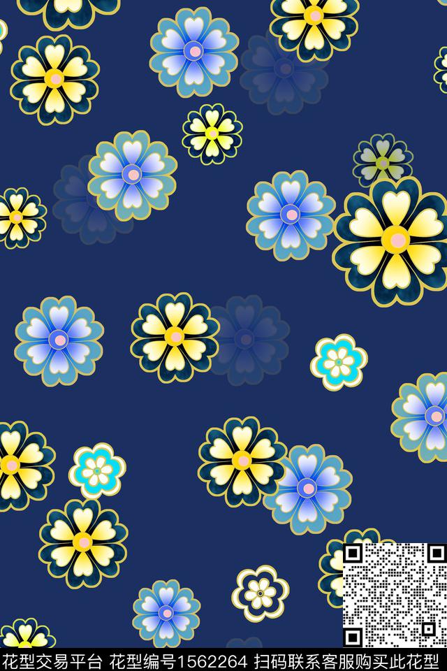 花卉影花深色底华亿平台数码印花华亿平台下载（图片编号: 1562264） - 瓦栏（Walan）