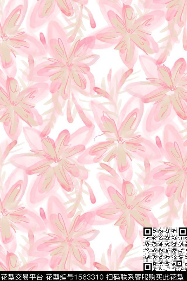 清爽底花卉淑女白底花数码印花华亿平台下载（图片编号: 1563310） - 瓦栏（Walan）