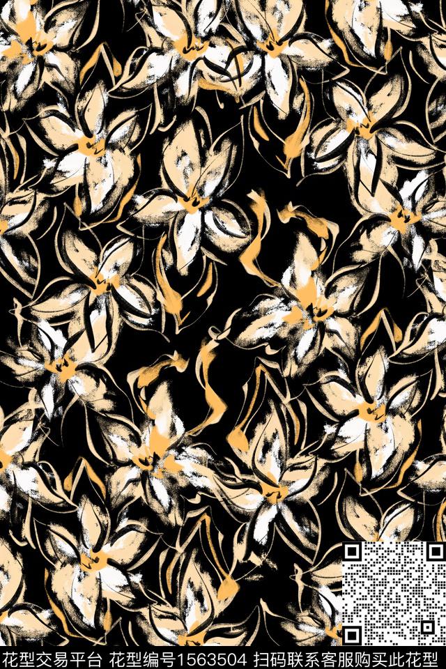 黑底花卉笔触淑女数码印花华亿平台下载（图片编号: 1563504） - 瓦栏（Walan）