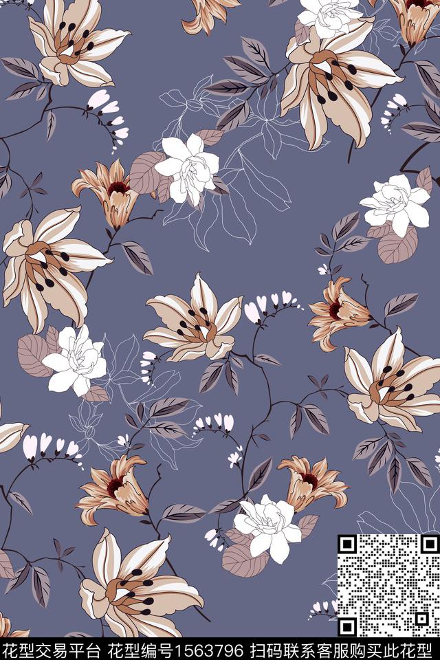 花卉线条花卉平面花卉数码印花华亿平台下载（图片编号: 1563796） - 瓦栏（Walan）