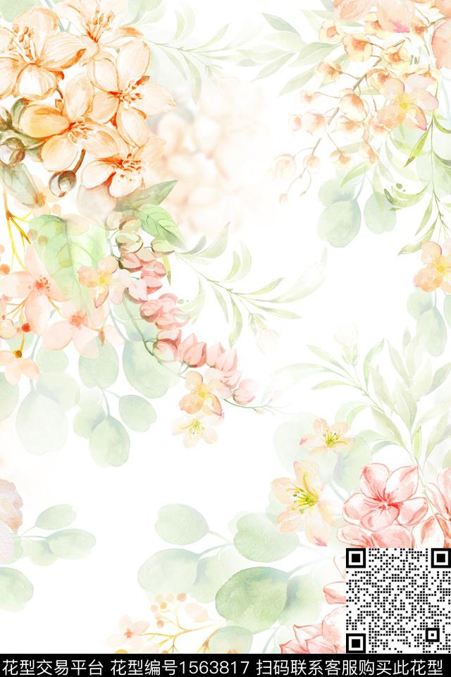 手绘大花植物花卉数码印花华亿平台下载（图片编号: 1563817） - 瓦栏（Walan）