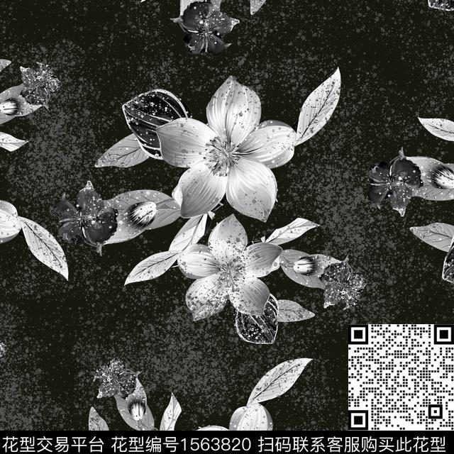 花卉混合拼接线条花卉数码印花华亿平台下载（图片编号: 1563820） - 瓦栏（Walan）