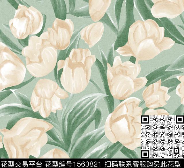 郁金香手绘花卉叶子数码印花华亿平台下载（图片编号: 1563821） - 瓦栏（Walan）