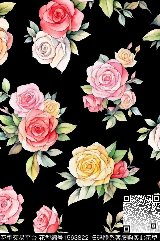 玫瑰花水彩花卉清爽底花卉数码印花华亿平台下载（图片编号: 1563822） - 瓦栏（Walan）