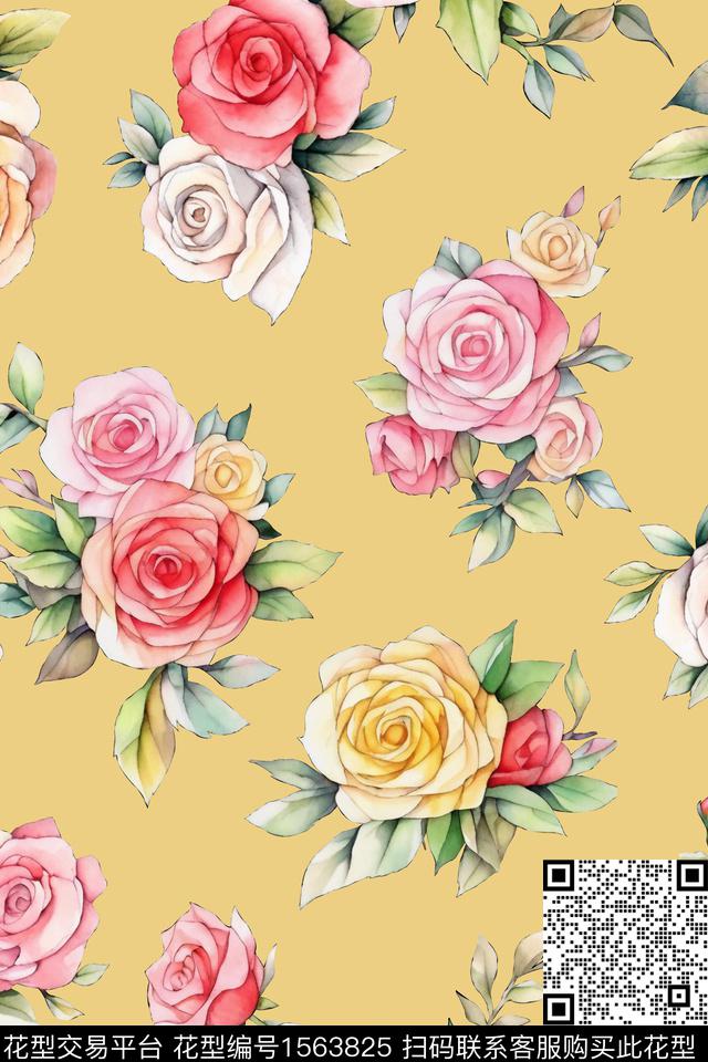 玫瑰花水彩花卉清爽底花卉数码印花华亿平台下载（图片编号: 1563825） - 瓦栏（Walan）