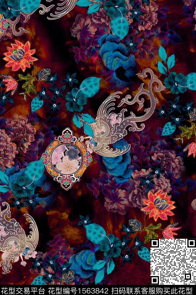 褪色花卉底纹中国风数码印花华亿平台下载（图片编号: 1563842） - 瓦栏（Walan）