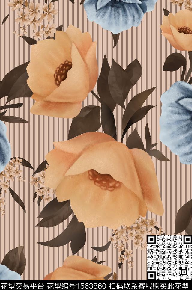 花卉大花水彩数码印花华亿平台下载（图片编号: 1563860） - 瓦栏（Walan）