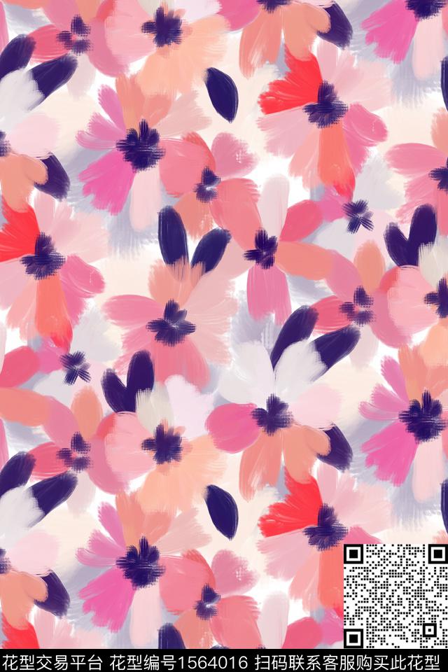 满版散花花卉笔触数码印花华亿平台下载（图片编号: 1564016） - 瓦栏（Walan）