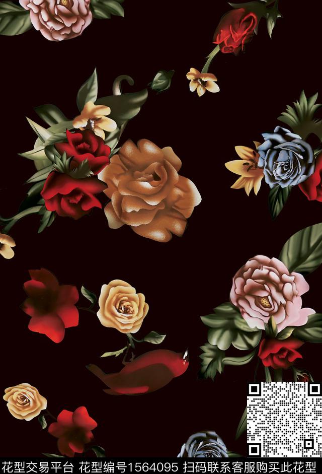 花卉黑底花卉中老年女装数码印花华亿平台下载（图片编号: 1564095） - 瓦栏（Walan）