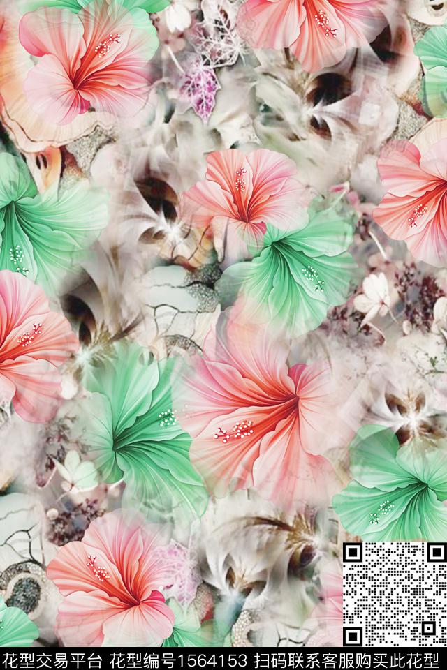 花卉跳接抽象数码印花华亿平台下载（图片编号: 1564153） - 瓦栏（Walan）