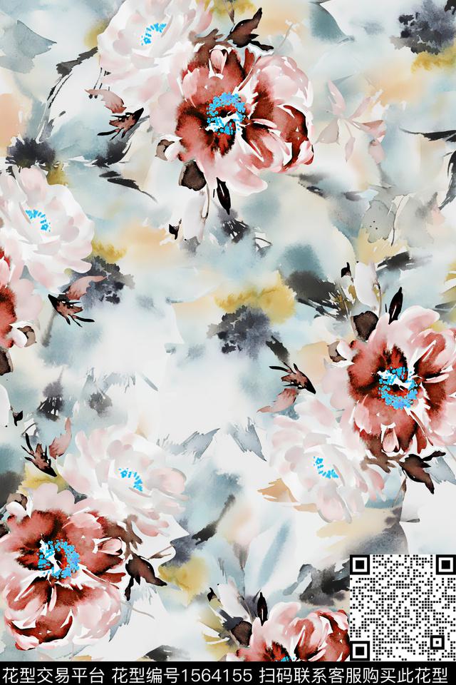 水墨风花卉跳接数码印花华亿平台下载（图片编号: 1564155） - 瓦栏（Walan）