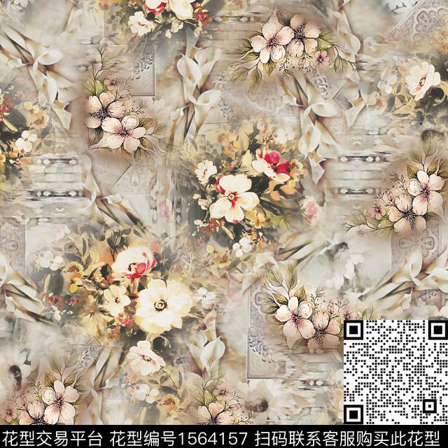 跳接花卉水彩花卉数码印花华亿平台下载（图片编号: 1564157） - 瓦栏（Walan）